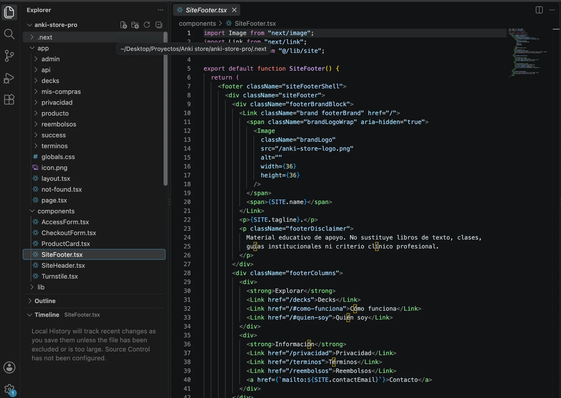 VS Code showing the Anki Store routes and reusable components