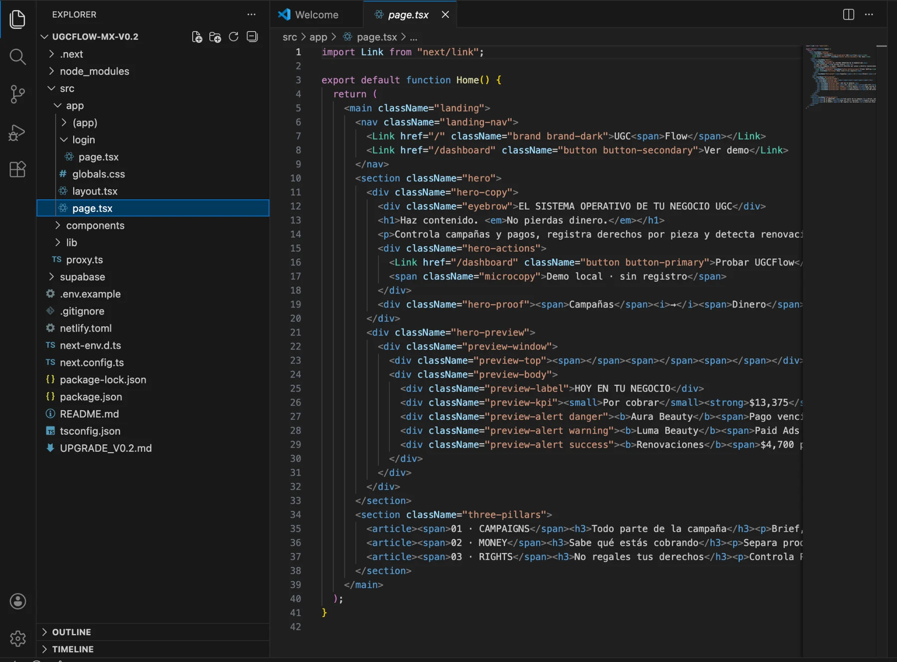 VS Code showing the UGCFlow Next.js application structure and landing page code