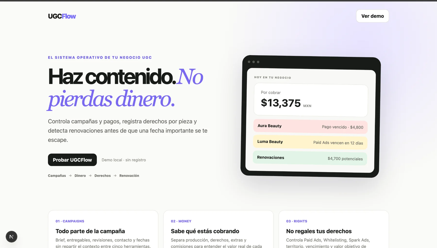 UGCFlow landing page showing campaign, payment and rights management positioning