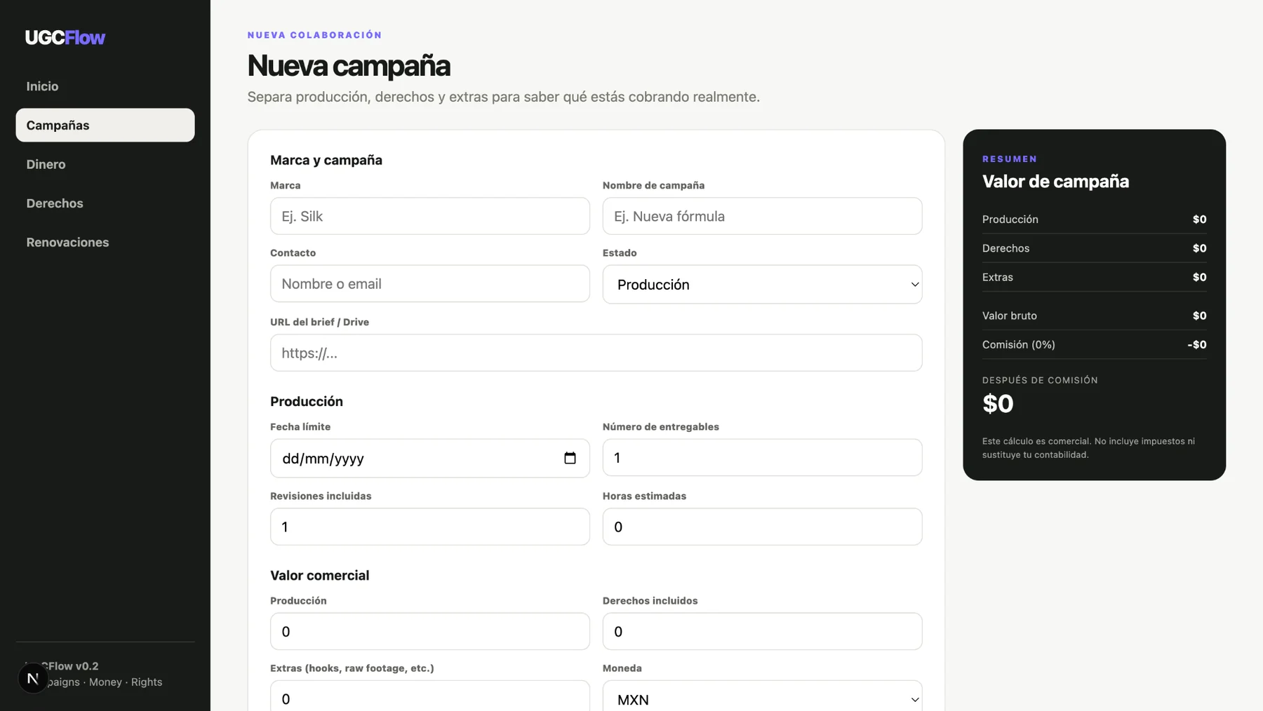 UGCFlow new campaign form with production, rights and commercial value inputs